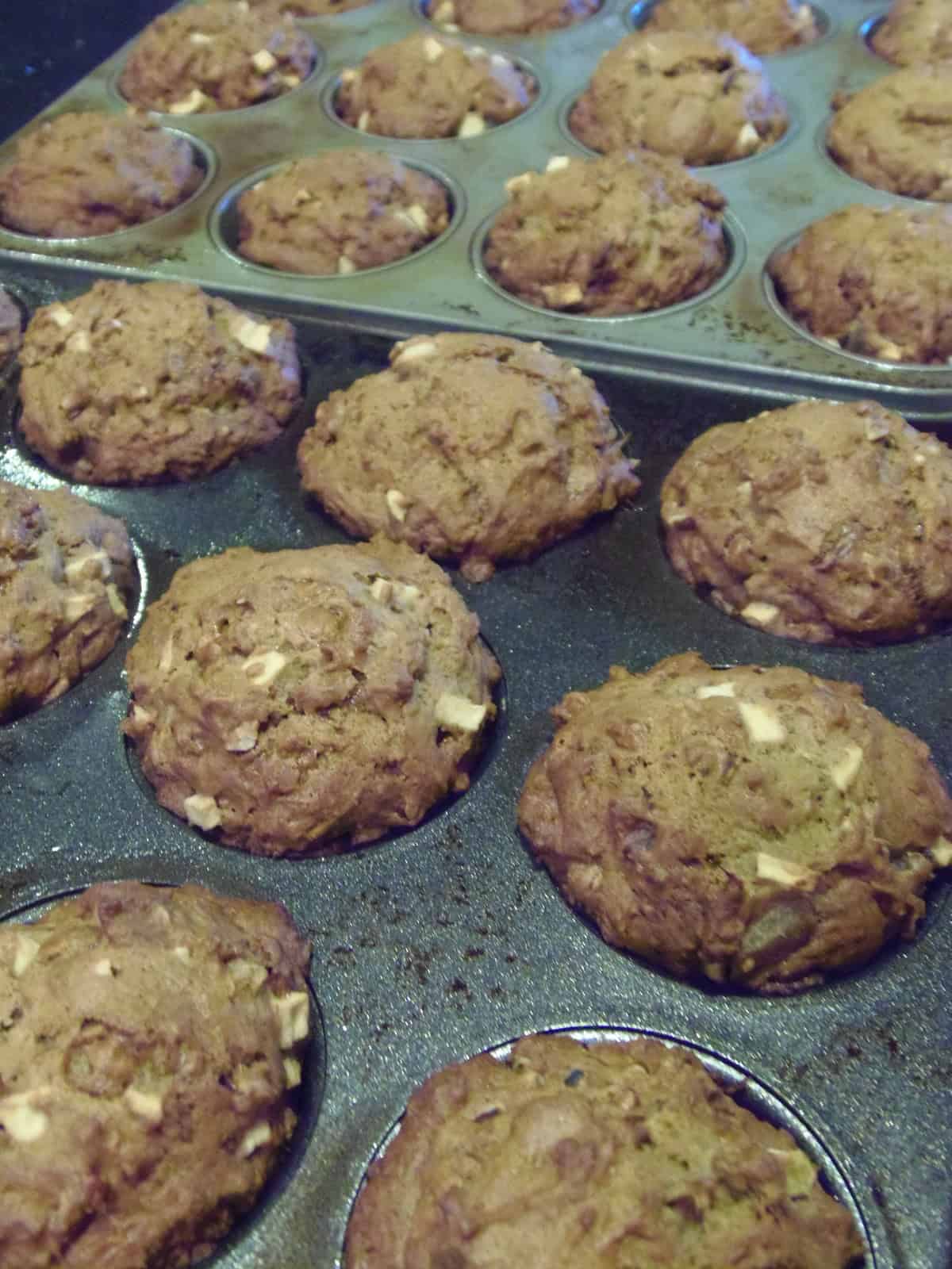 Two muffin tins filled with baked applesauce muffins.