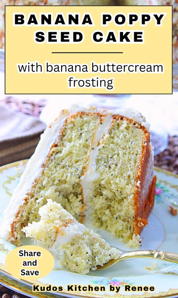 A slice of banana poppy seed cake on a pretty porcelain plate with a gold fork.