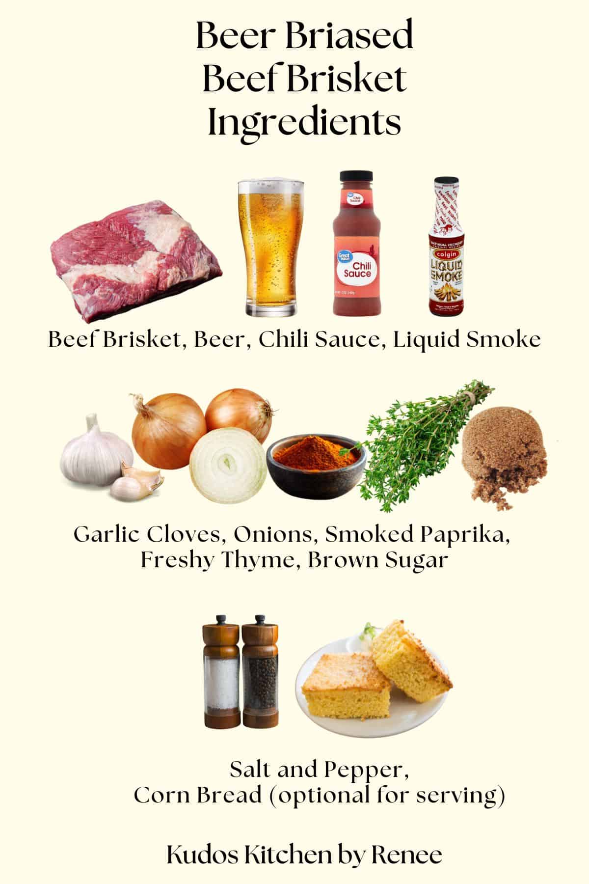 A visual ingredient list for making beer braised beef brisket.