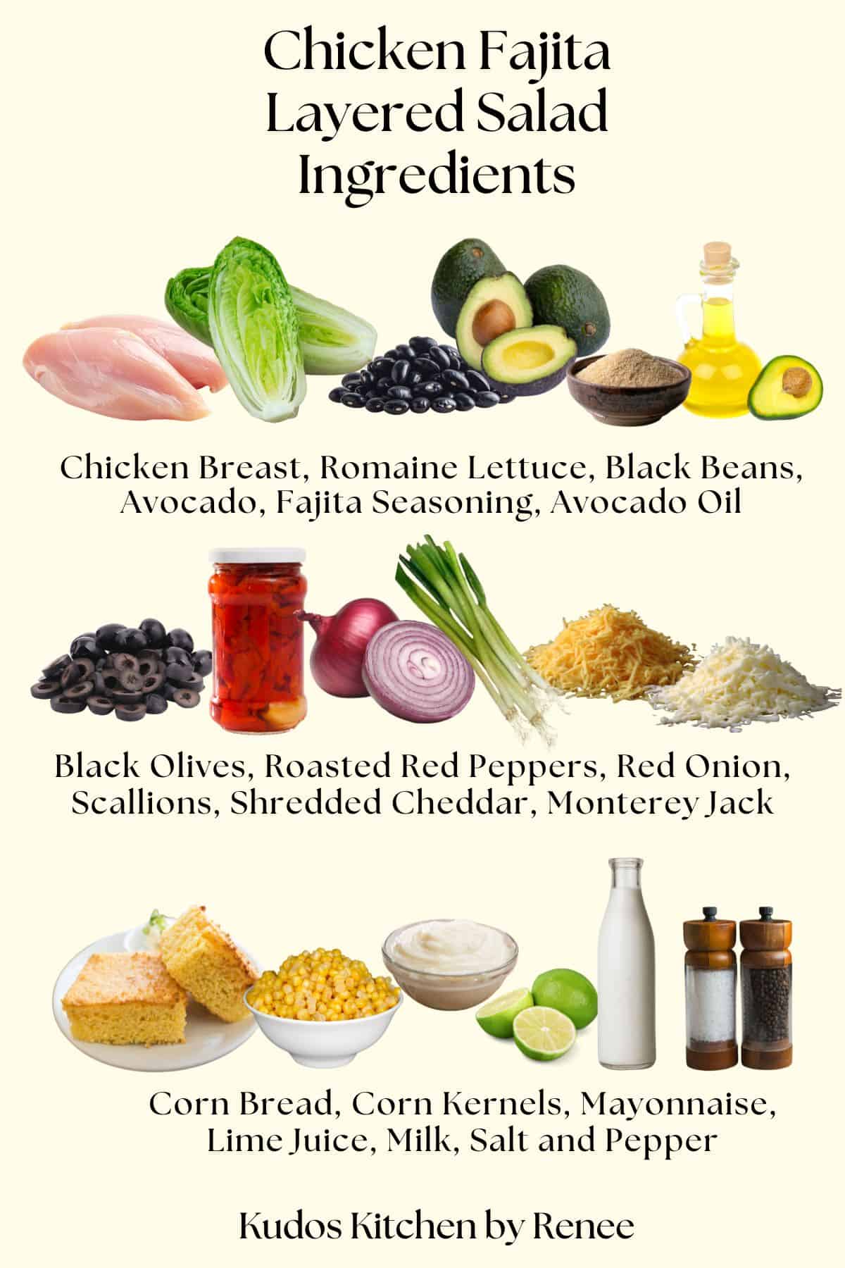 A visual product ingredient list for making a chicken fajita 13 layer salad.