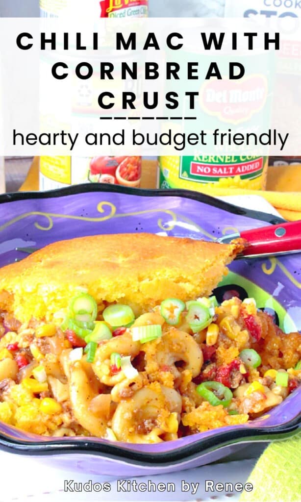 A vibrant and delicious looking chili mac with a cornbread crust on a purple plate.