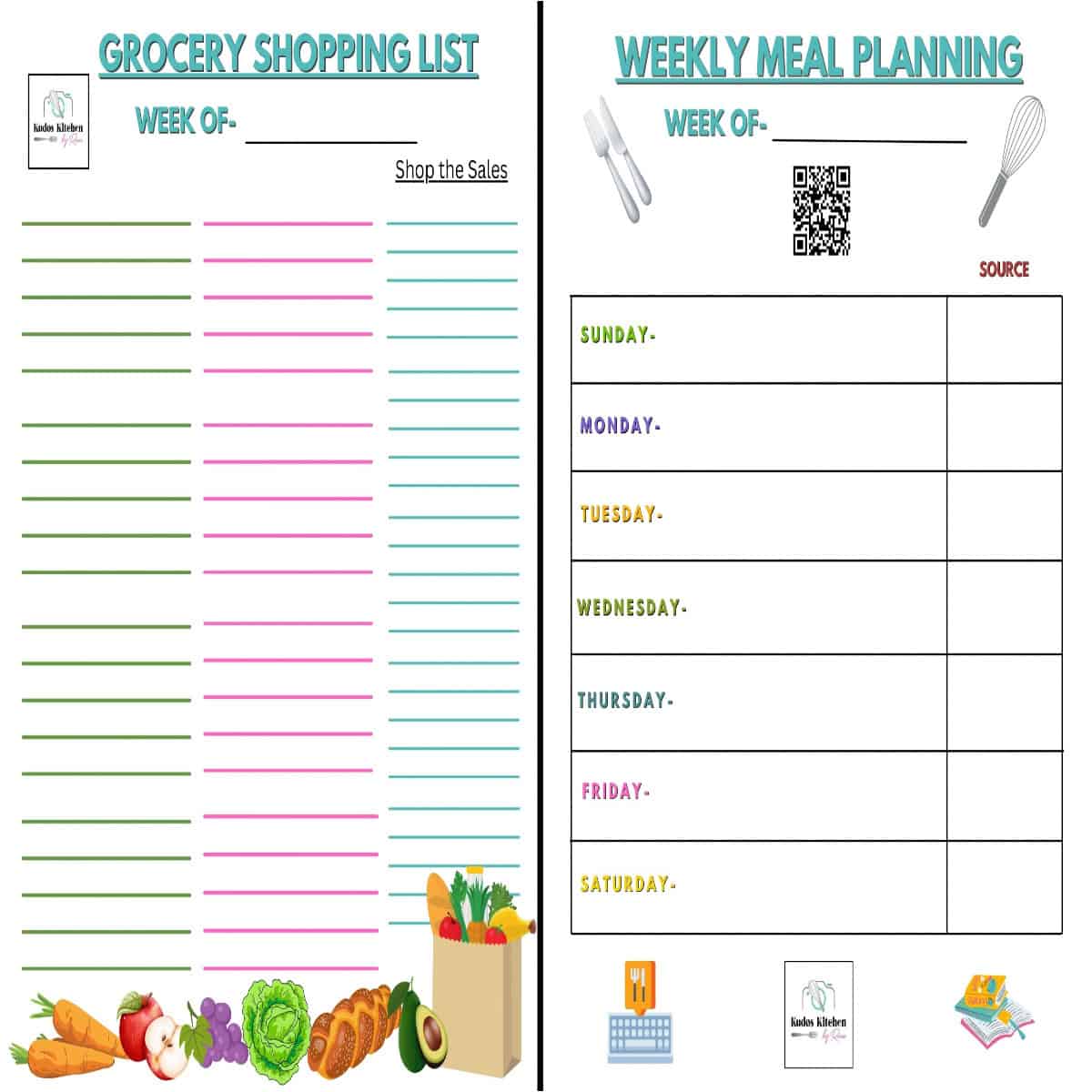 A two image collage for a colorful and printable 9 page meal planning bundle.