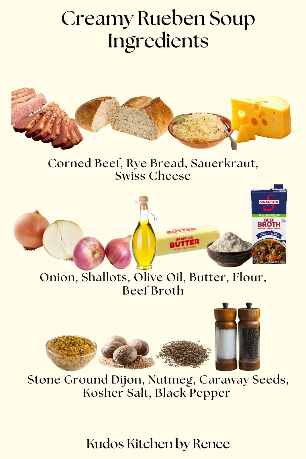 The visual ingredient list for making Creamy Reuben Soup along with the images of each ingredient.