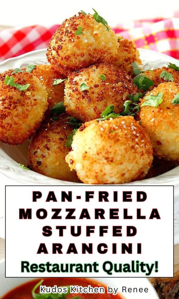 A bowl filled with golden brown, crispy looking pan fried arancini stuffed with mozzarella cheese.