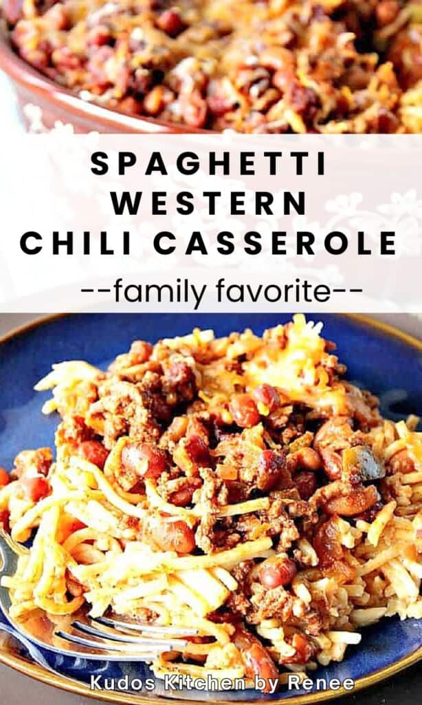 A blue plate filled with a serving of combined spaghetti, beans and chili for a spaghetti western casserole.
