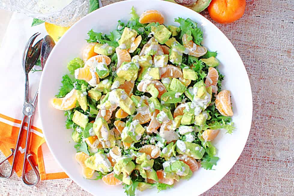An overhead photo of a mandarin orange and avocado salad.