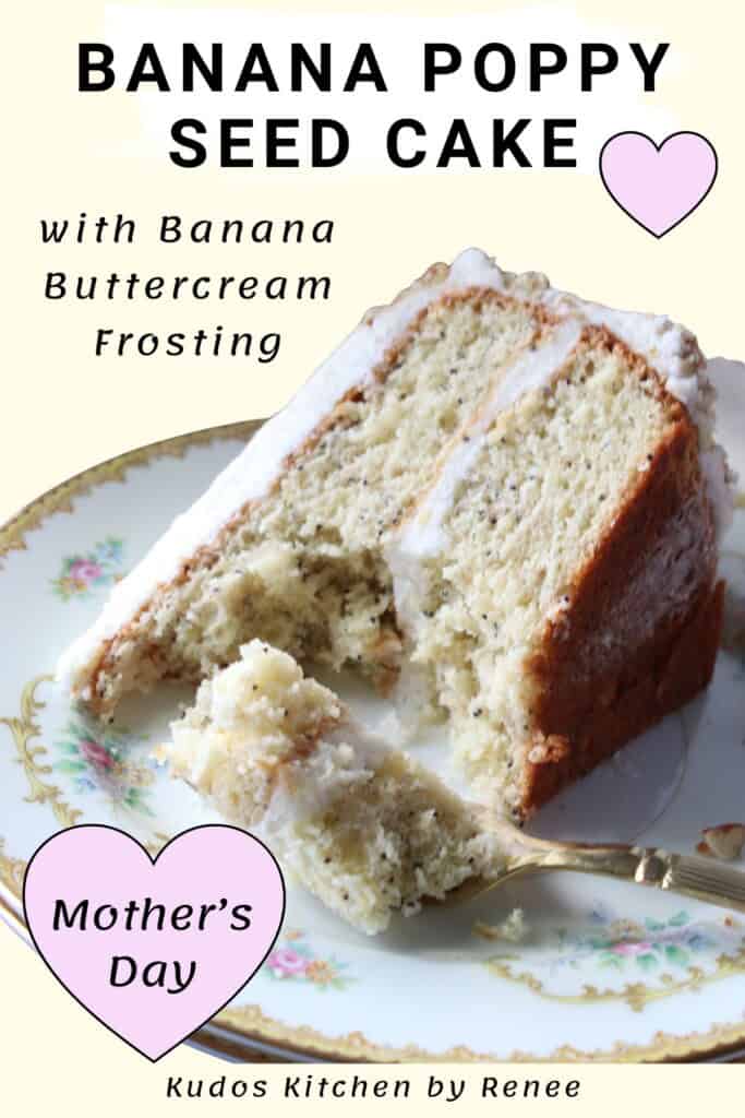 A slice of banana poppy seed cake on a plate with a fork. Text and hearts are also included.