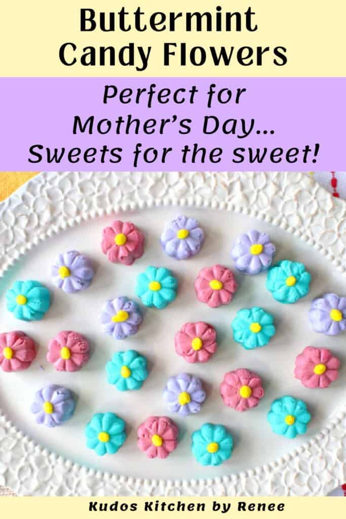 A pretty white platter filled with pink, blue and purple buttermint candy flowers.