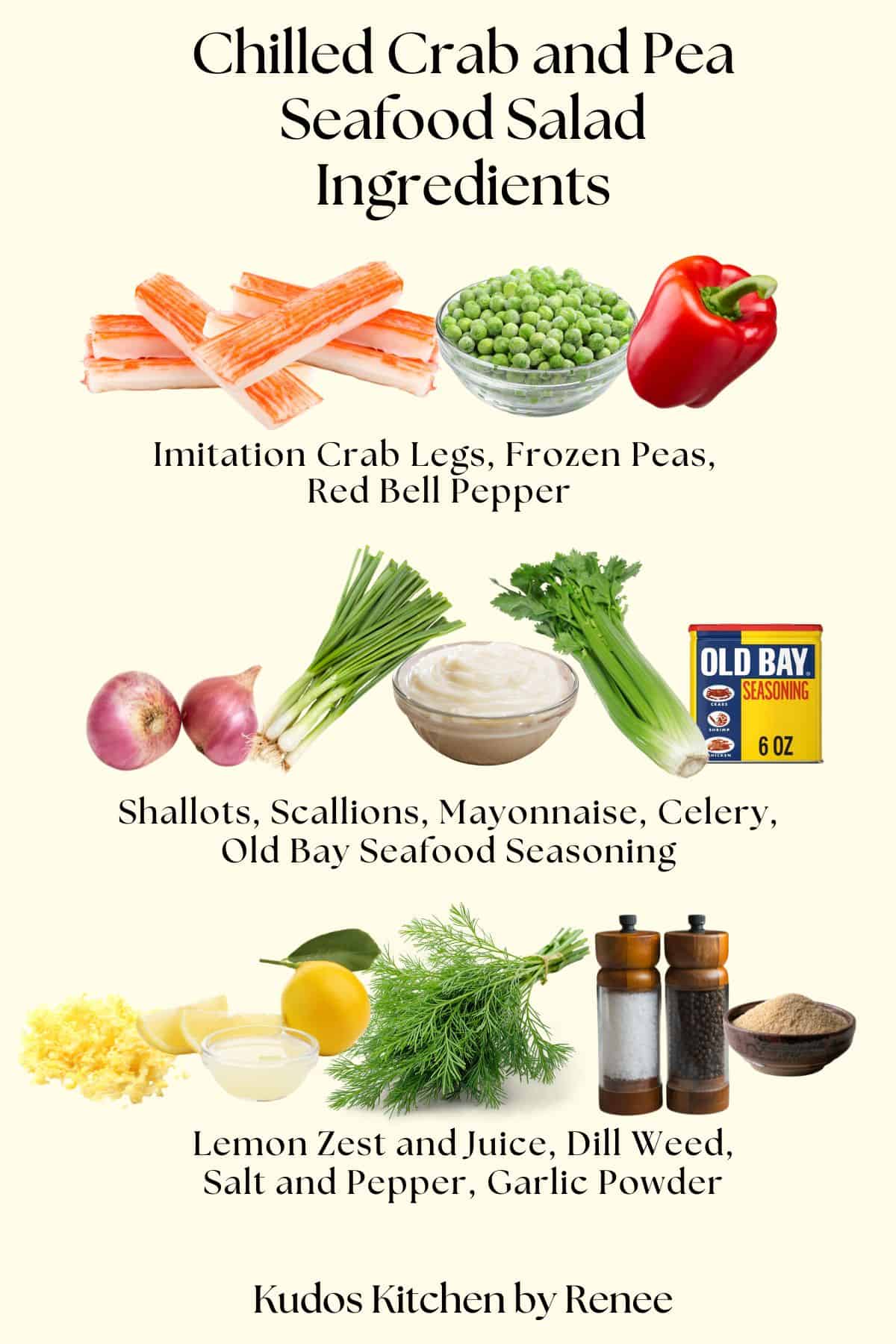 A visual ingredient list for making crab and pea seafood salad with images and text.