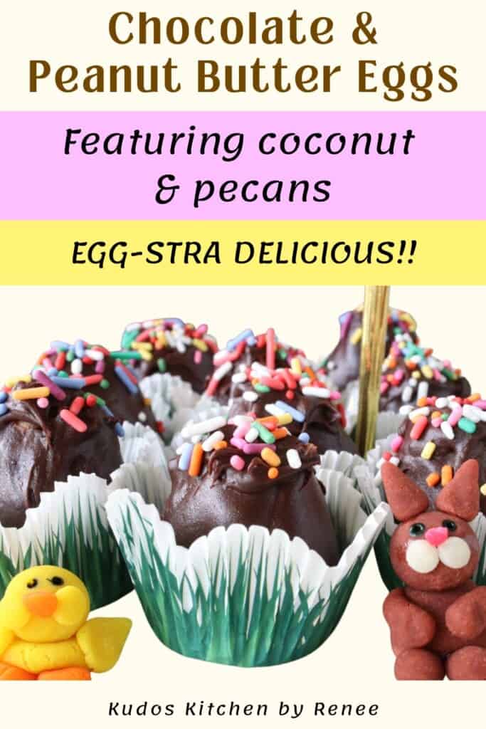 Some cute and colorful chocolate and peanut butter easter eggs topped with sprinkles, sitting in cute paper wrappers.