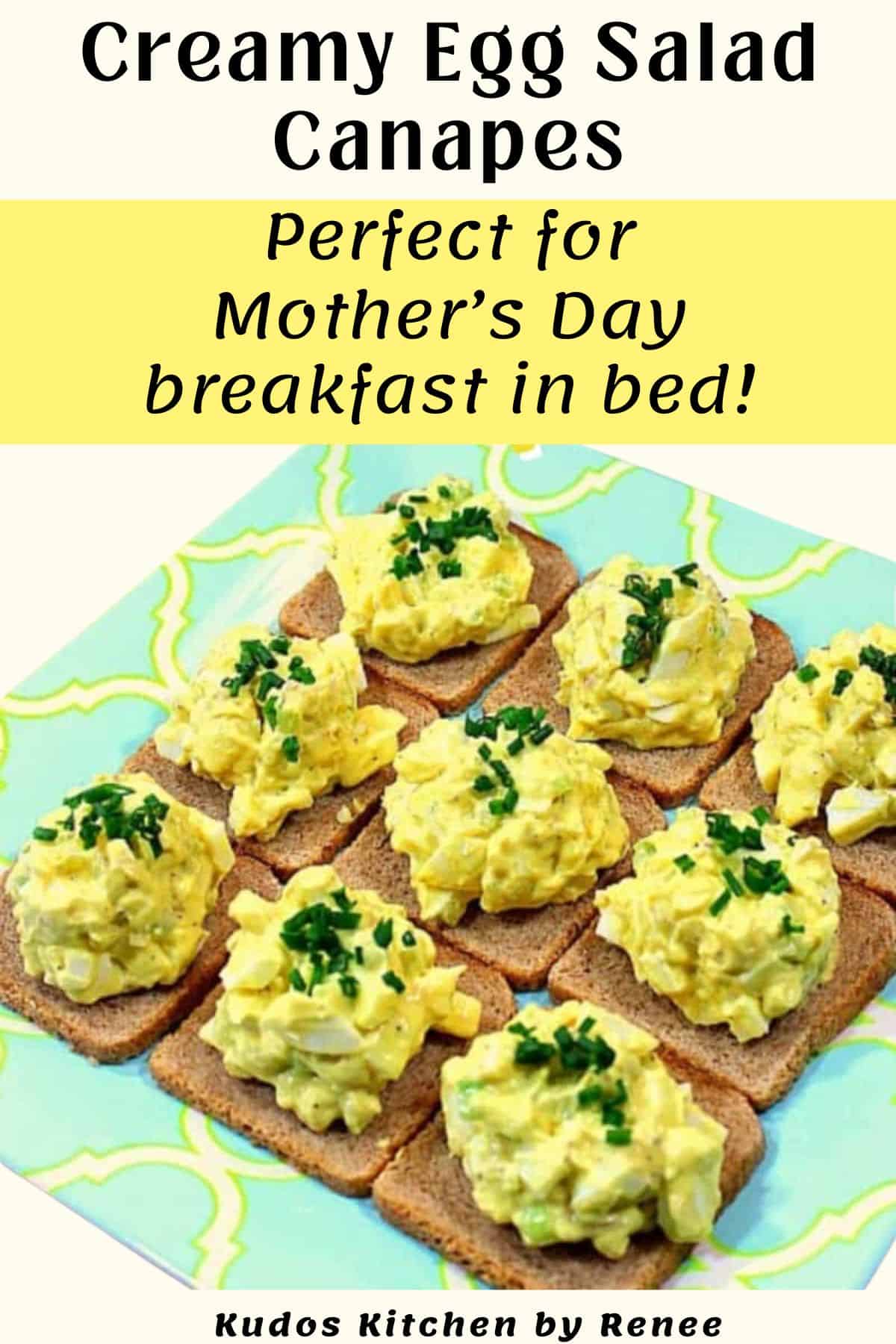 A bunch of Egg Salad Canapes topped with chives on a platter along with title text.