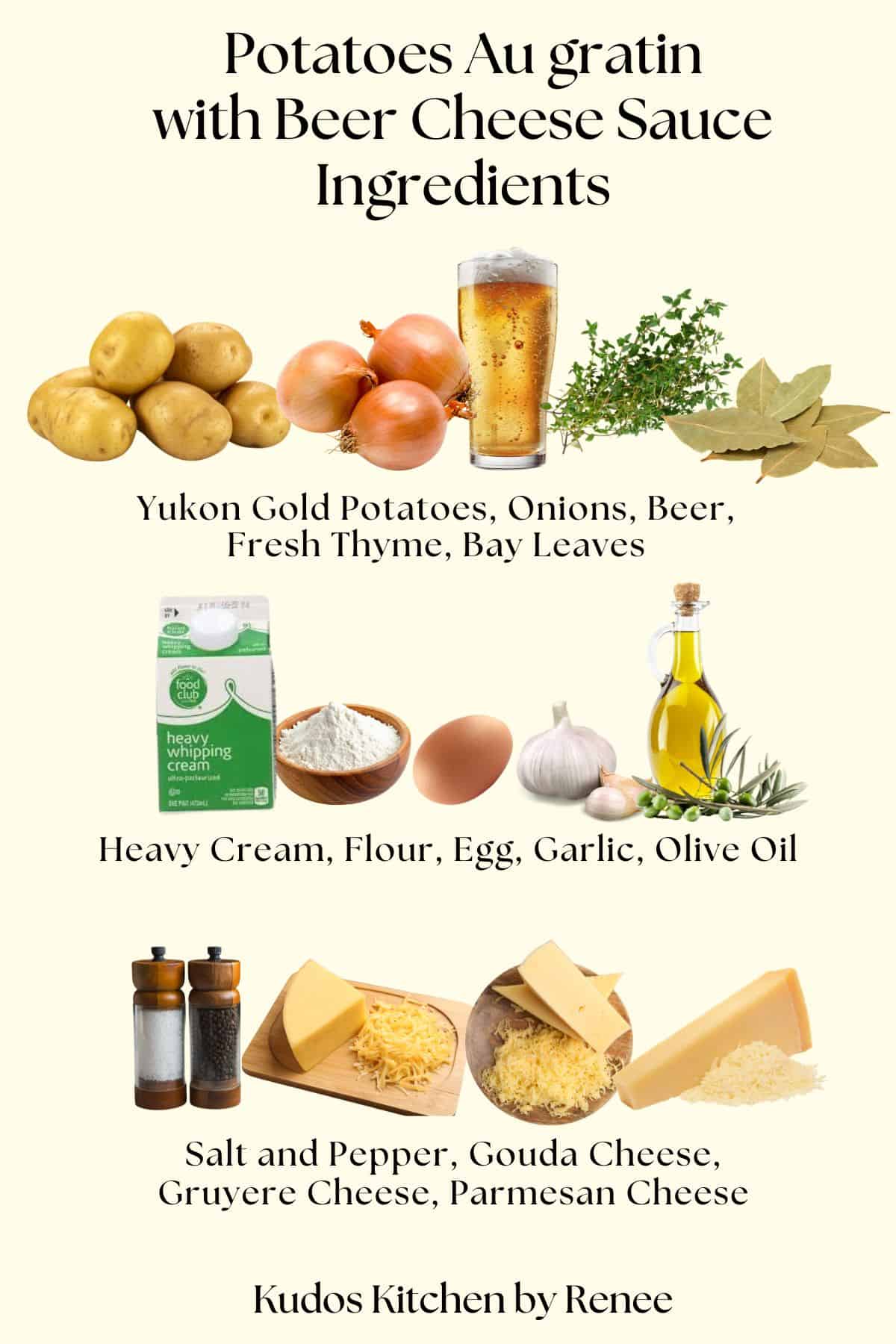 A visual ingredient list for what it takes to make potatoes gratin with beer cheese sauce.