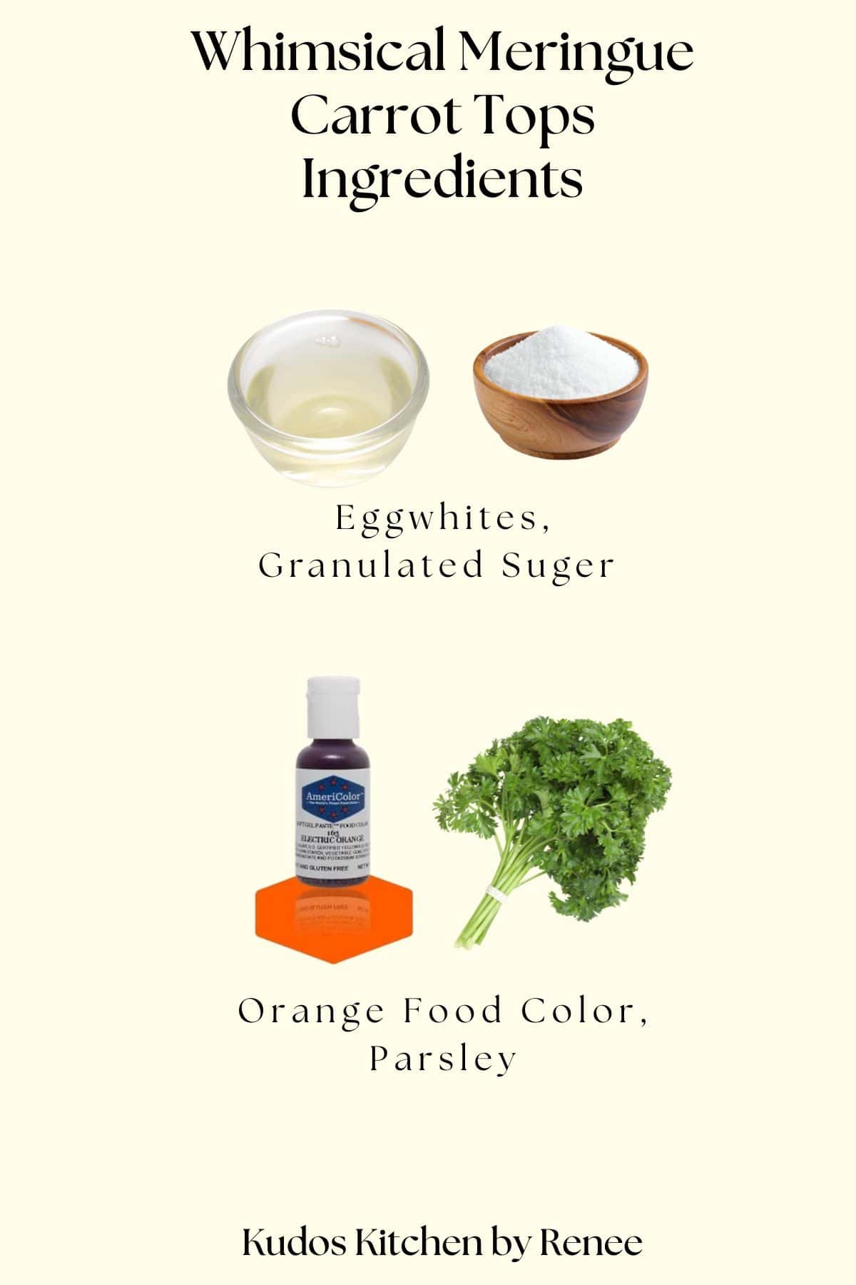 A visual ingredient list for making whimsical orange meringue carrot tops with fresh parsley garnish.