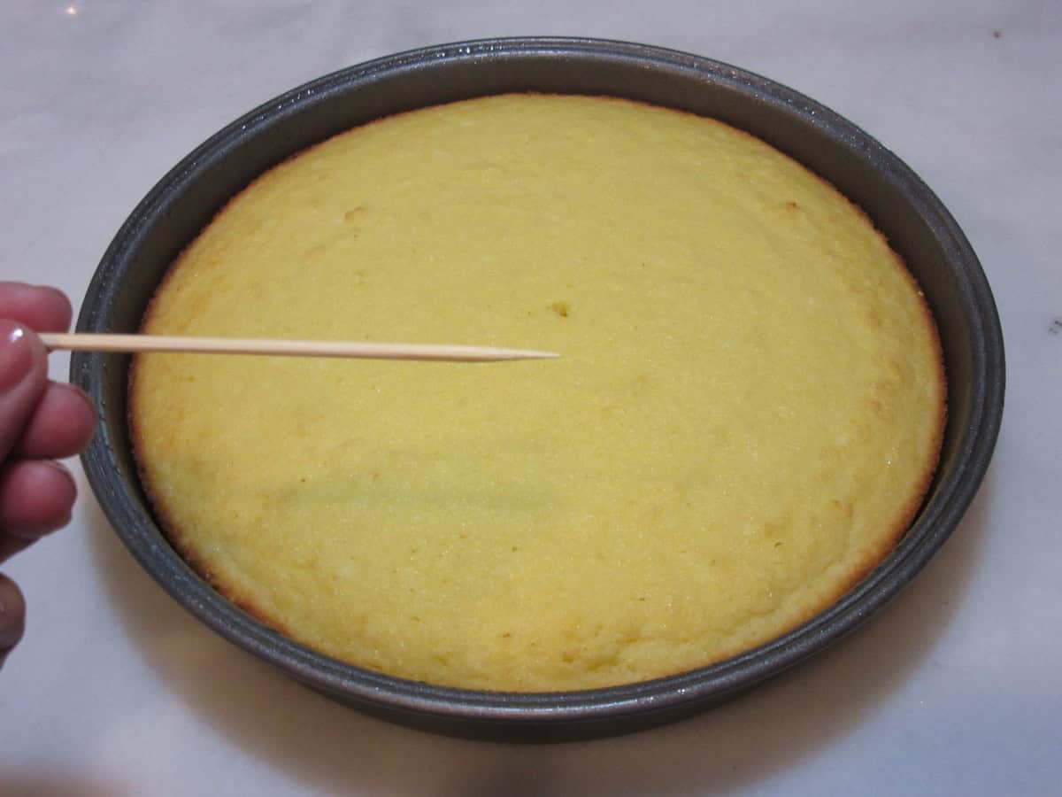 A closeup of a clean toothpick after baking an almond cake.