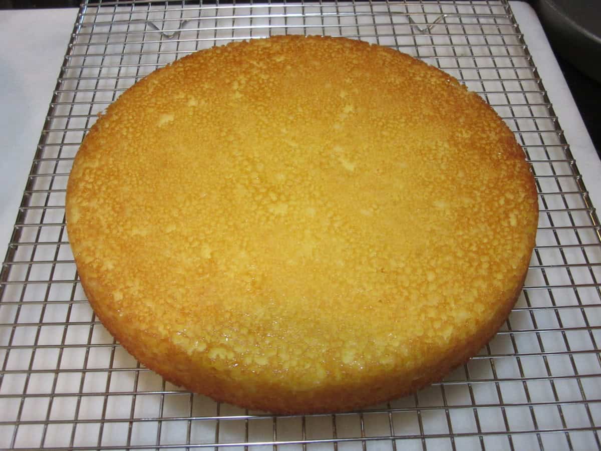 A round almond cake layer cooling on a cooling rack.