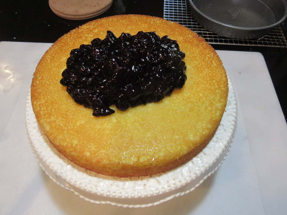 A blog of blueberry compote on top of a baked almond cake.
