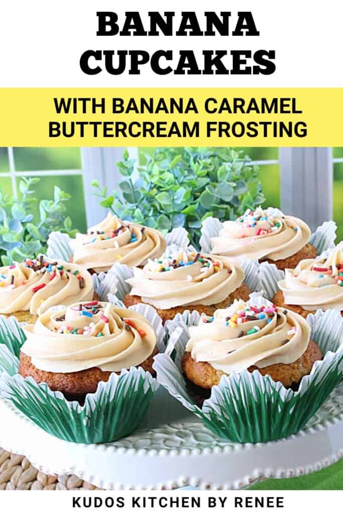 A bunch on banana cupcakes with swirly banana caramel buttercream frosting and multi colored sprinkles.