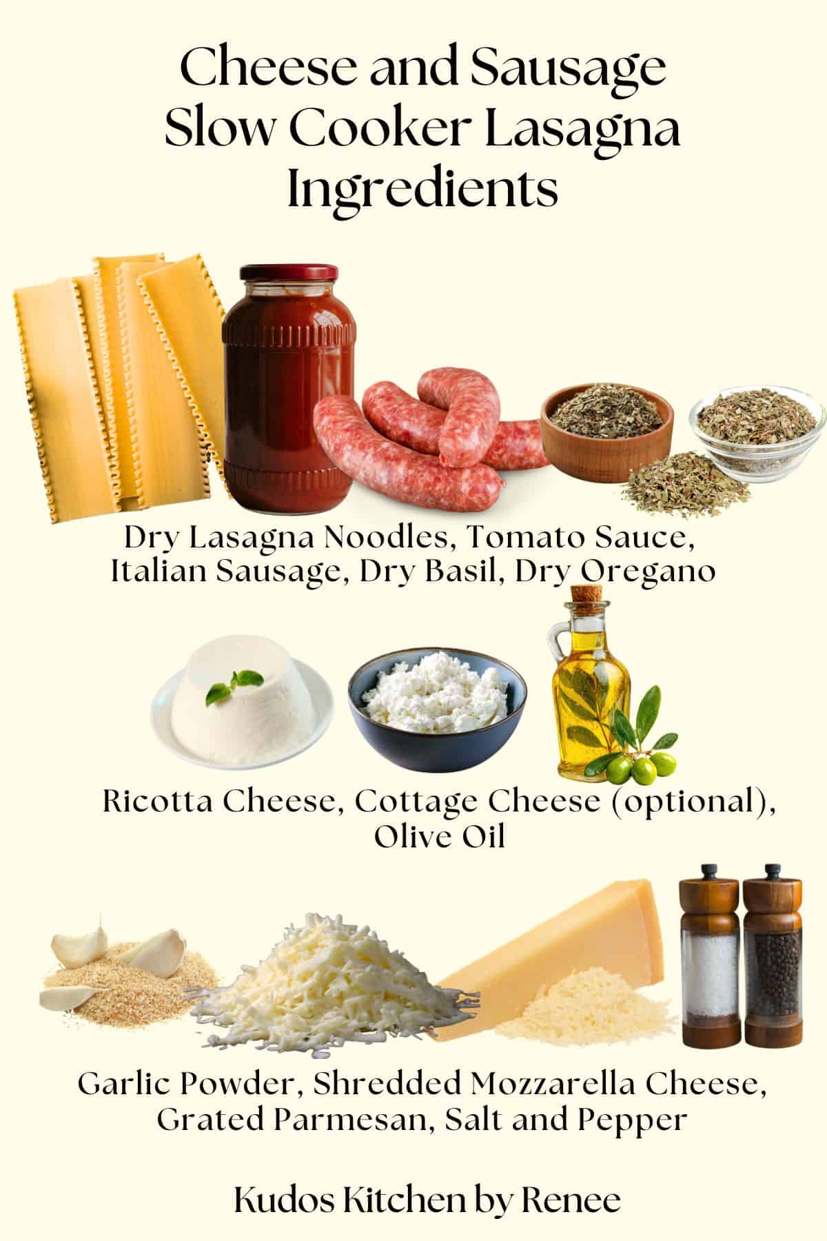 A visual ingredient list for making cheese and sausage slow cooker lasagna with images.