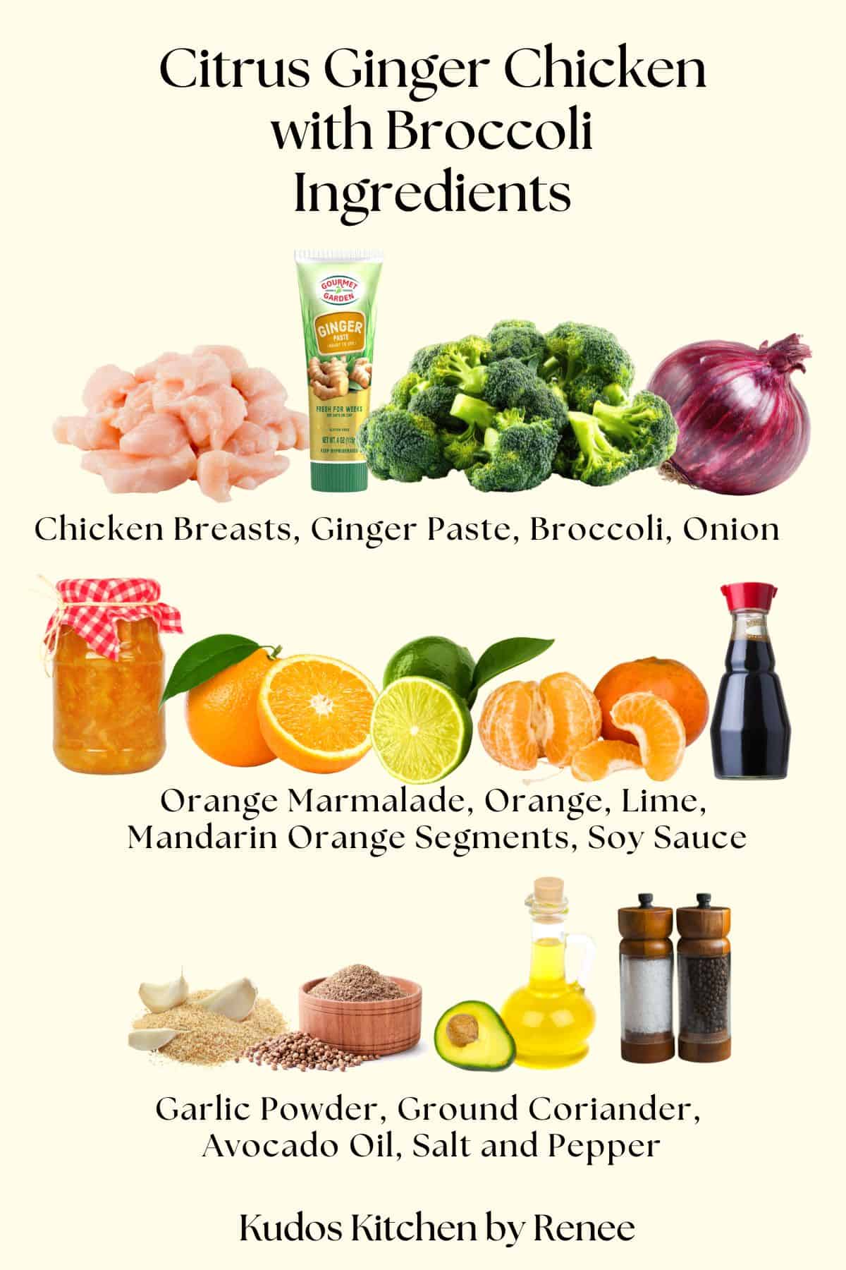 A visual ingredient list for making citrus ginger chicken with broccoli with images of each ingredient.