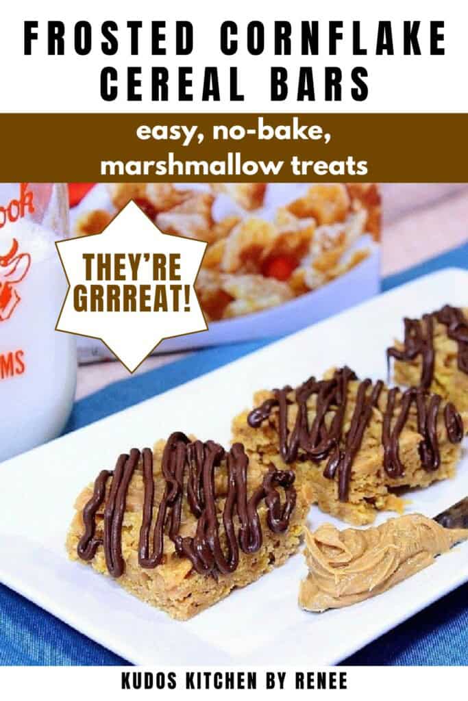 Three frosted cornflake cereal bars on a white platter with a knife of peanut butter on the side of the plate.