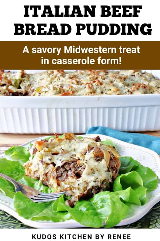 A serving of Italian beef bread pudding on a plate with lettuce leaves.