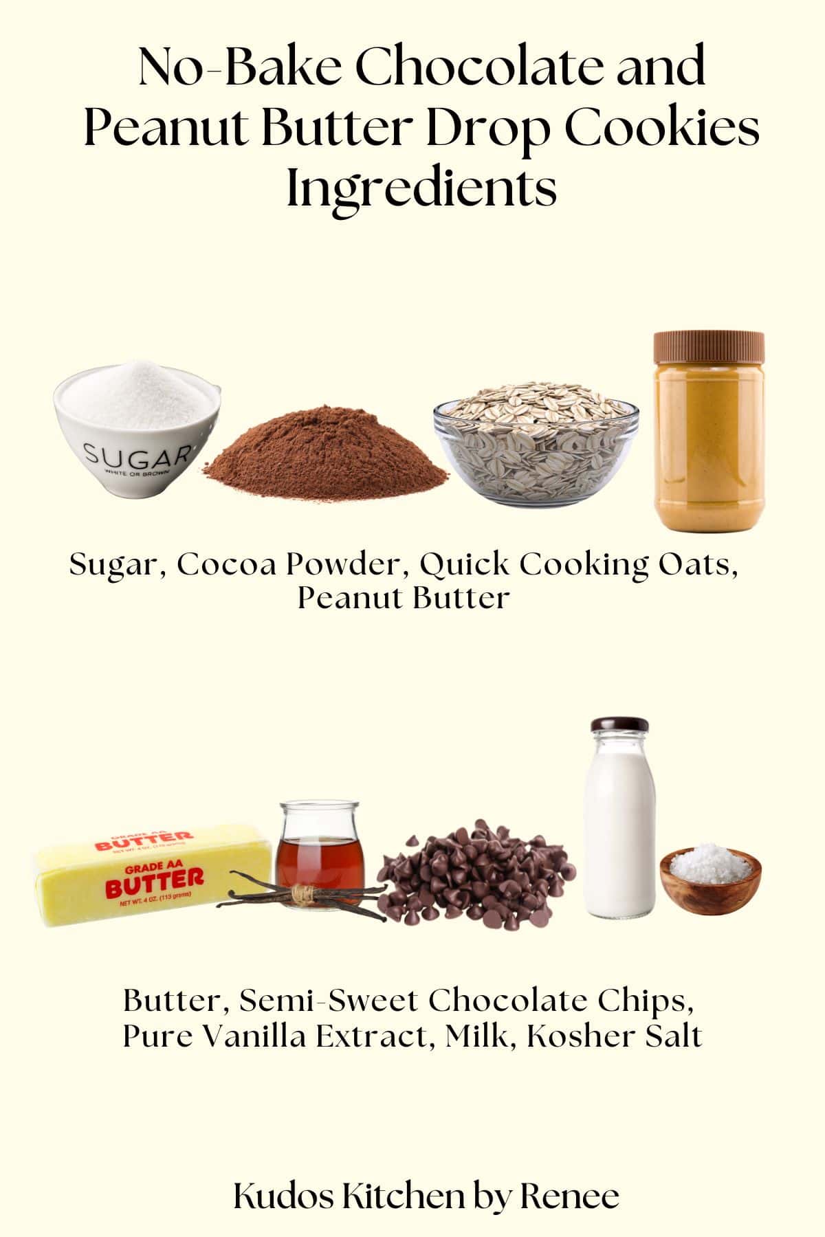 A visual ingredient list for making No Bake Chocolate and Peanut Butter Drop Cookies with images.