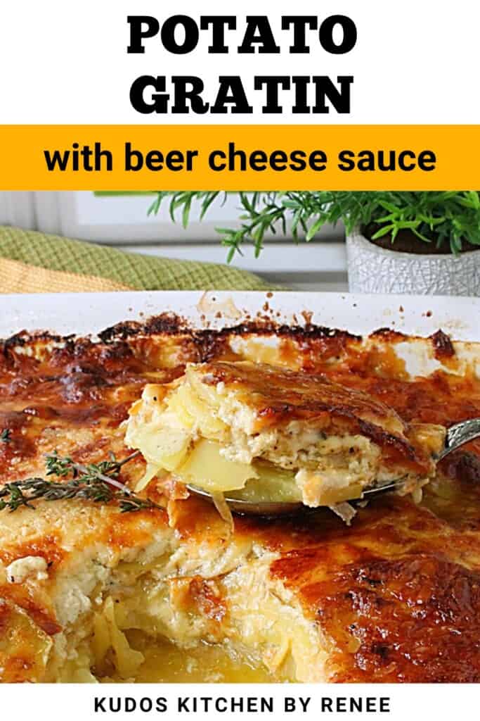 A serving spoon loaded up with potato gratin with a golden brown cheesy crust.