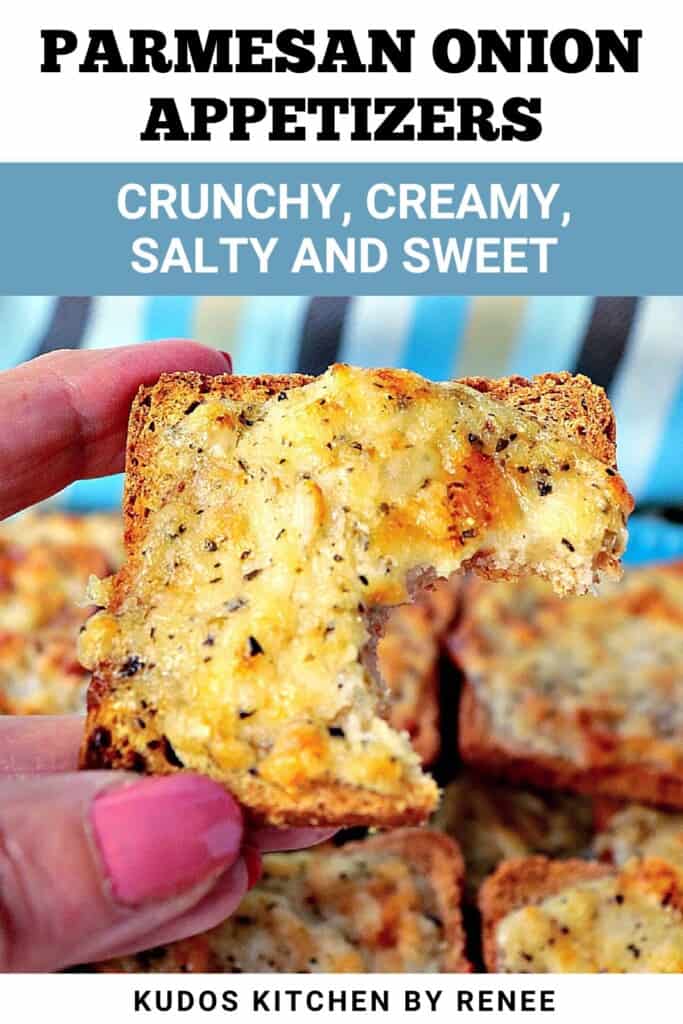 A hand holding a Parmesan onion appetizer square with a bite taken out.