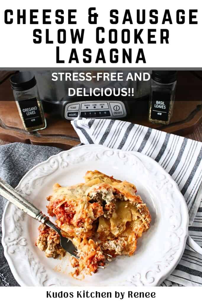 A serving of slow-cooker cheese and sausage lasagna on a white plate with a fork.