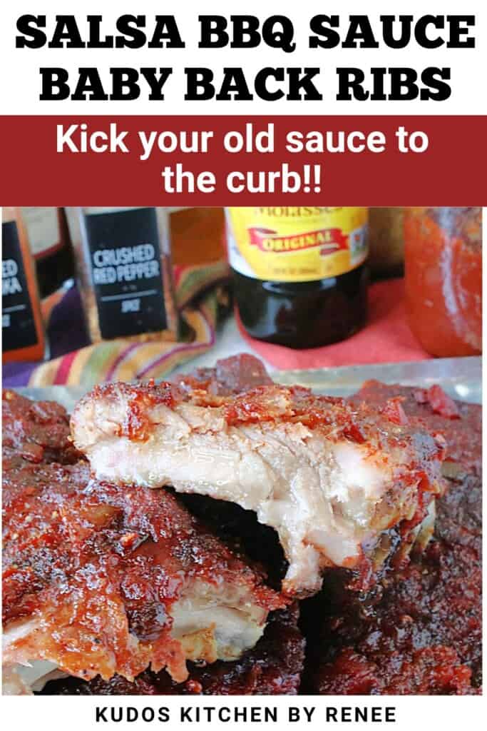 Tender and juicy looking salsa BBQ sauce baby back ribs stacked for serving.