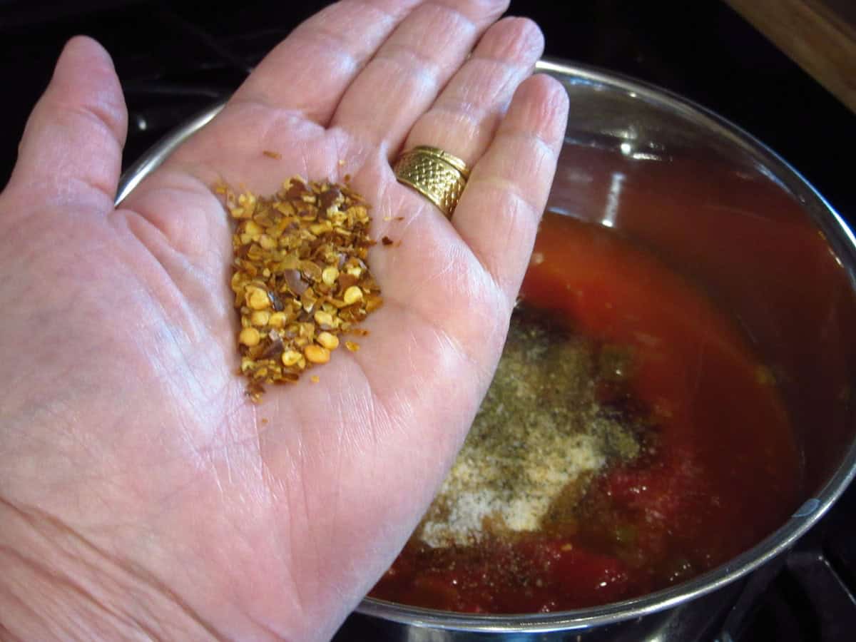Red pepper flakes in the palm of a hand.