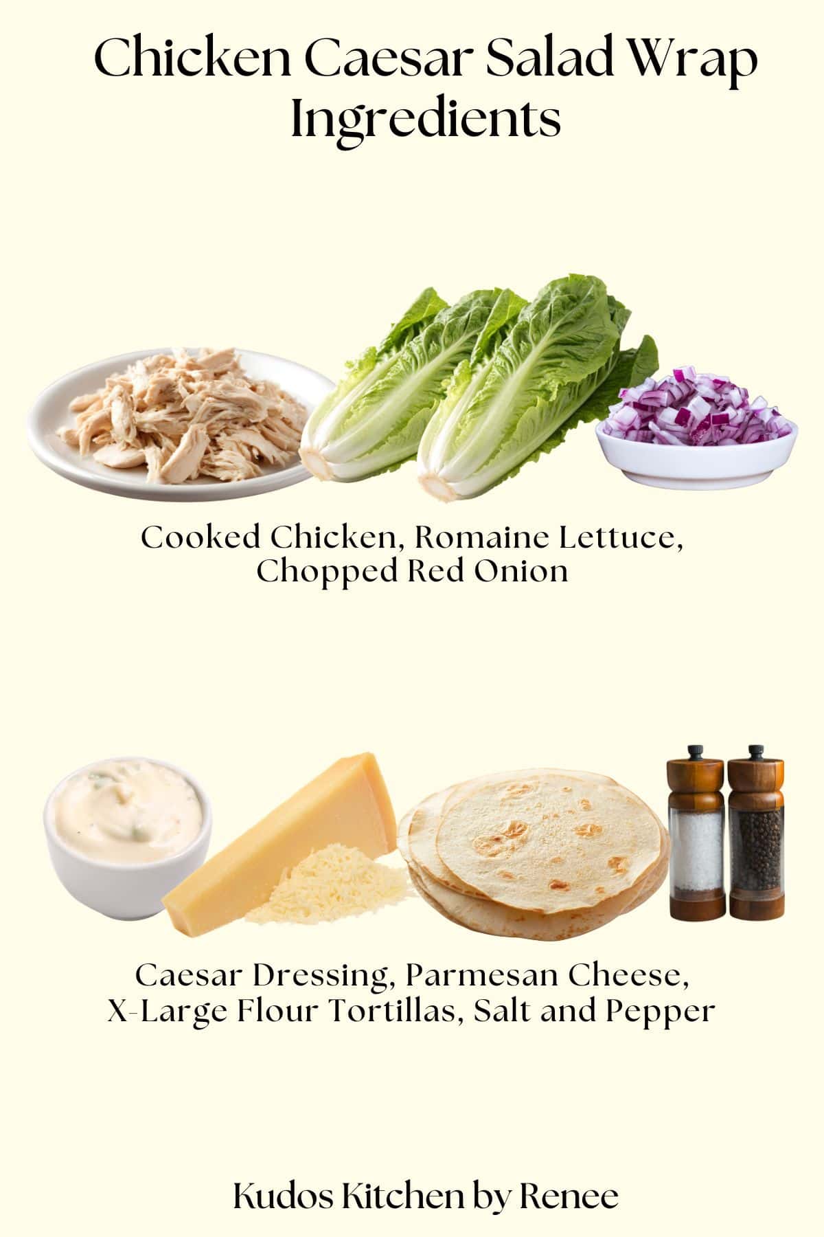 A visual ingredient list for making Chicken Caesar Salad Wraps.