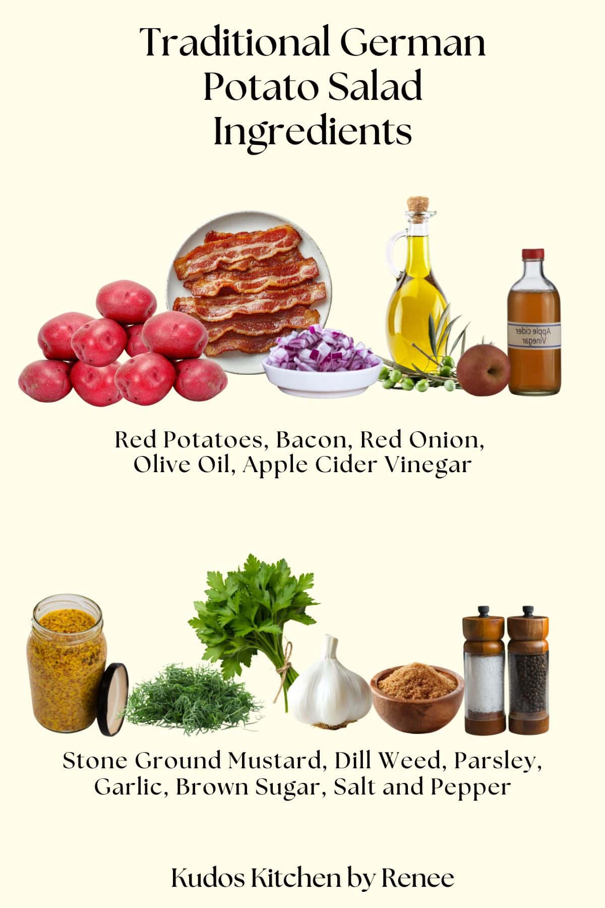 A visual ingredient list for making Traditional German Potato Salad with ingredient images.