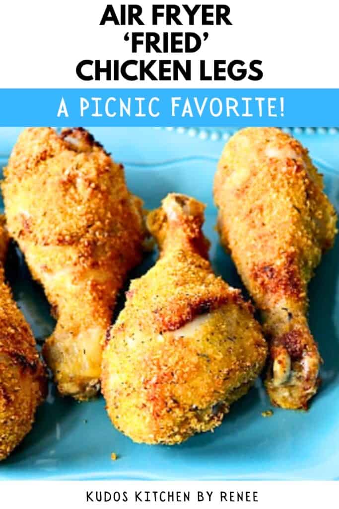 Three crispy, crunchy looking breaded chicken legs on a blue plate.