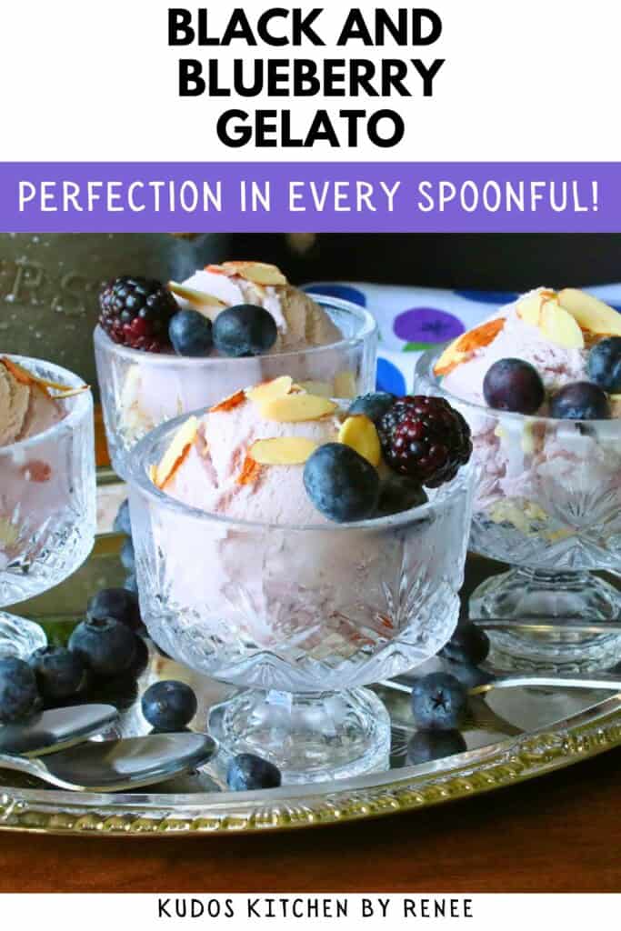 A pretty glass dish with a scoop of black and blueberry gelato topped with berries and almonds.