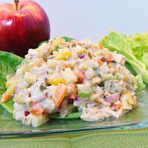 A red apple and rib of celery next to a glass plate with a serving of rainbow chicken salad on top.