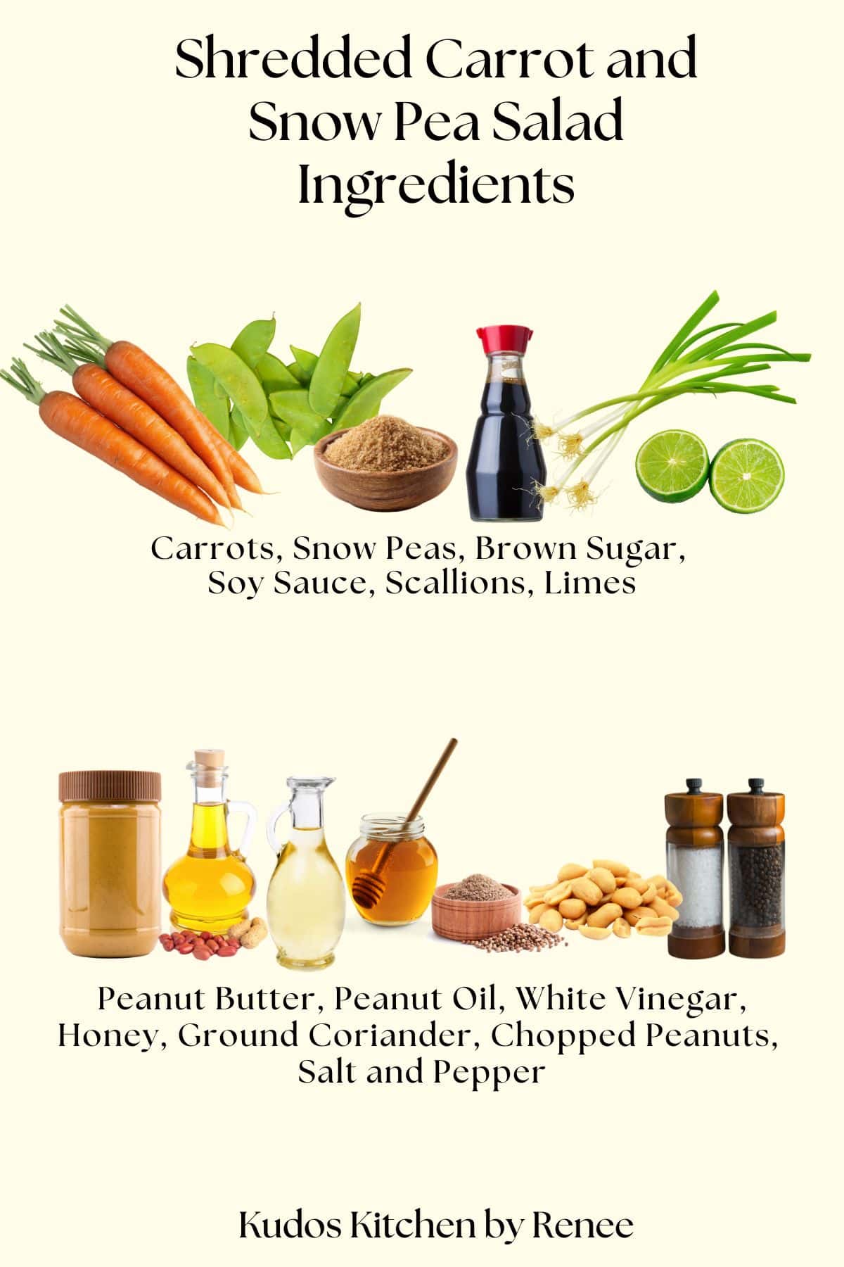 A visual ingredient list with photo images of what it takes to make a shredded carrot and snow pea salad.
