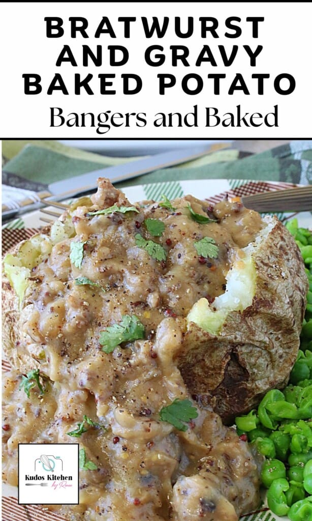 A creamy brown gravy with ground bratwurst served over a baked potato.