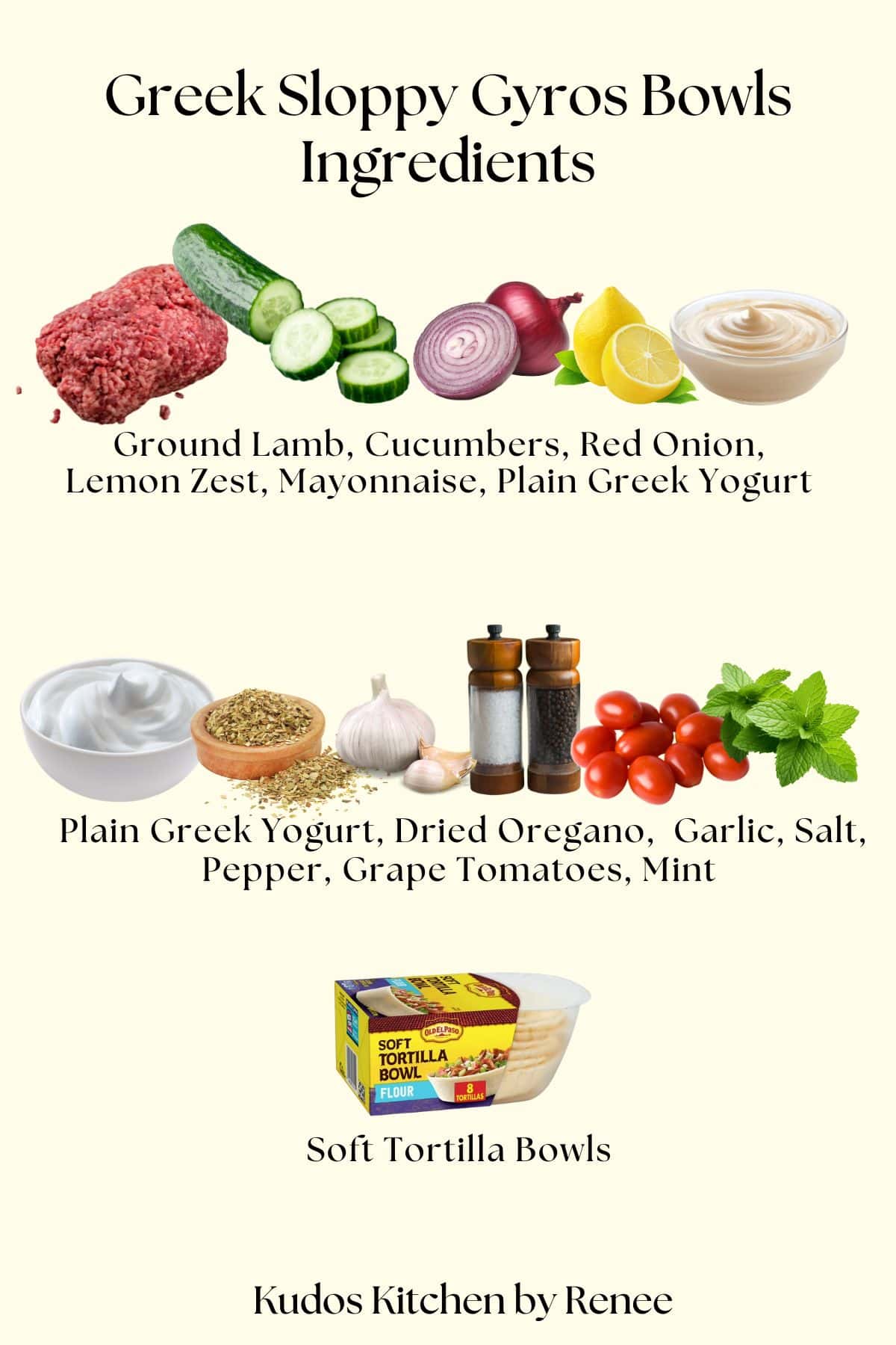 A visual ingredient list with images for making Greek Gyros sloppy Joe Bowls.