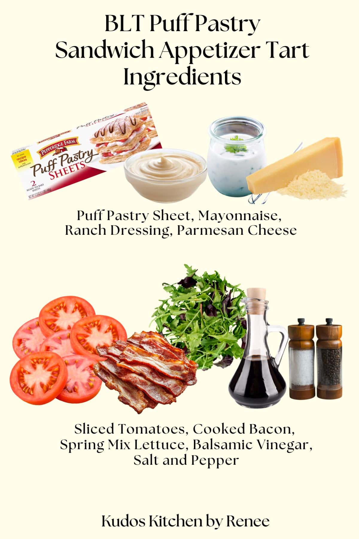 A visual ingredient list for making a BLT puff pastry sandwich appetizer tart along with the text.
