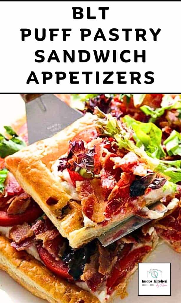 A golden baked square of a BLT puff pastry appetizer topped with bacon, tomato slices, lettuce, and balsamic vinegar.