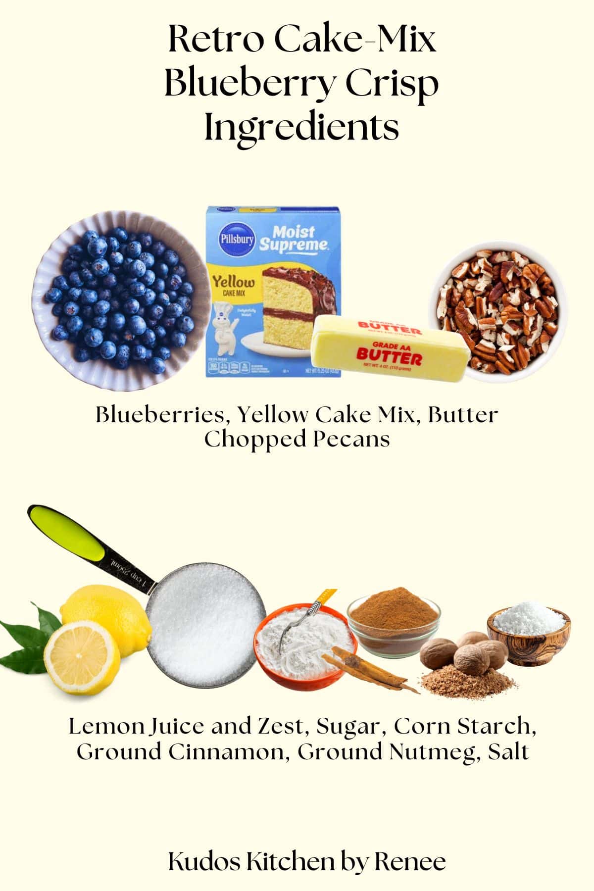 A visual ingredient list with products for making a cake-mix blueberry crisp.