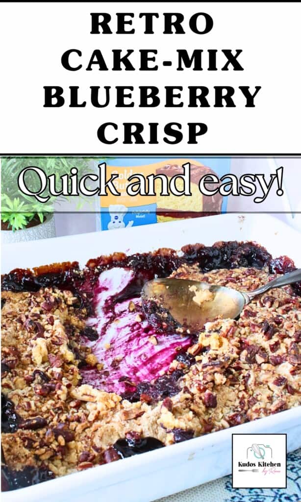A serving spoon inside a baking dish of blueberry crisp after some has been taken out.
