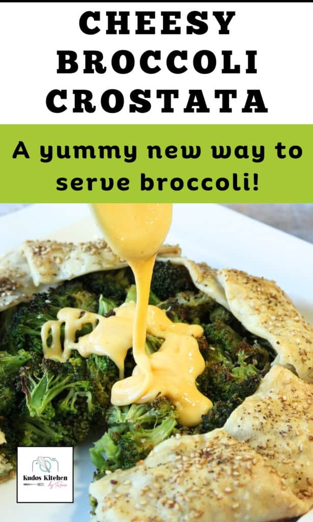 A creamy cheese sauce being drizzled over broccoli in a pie crust crostata.