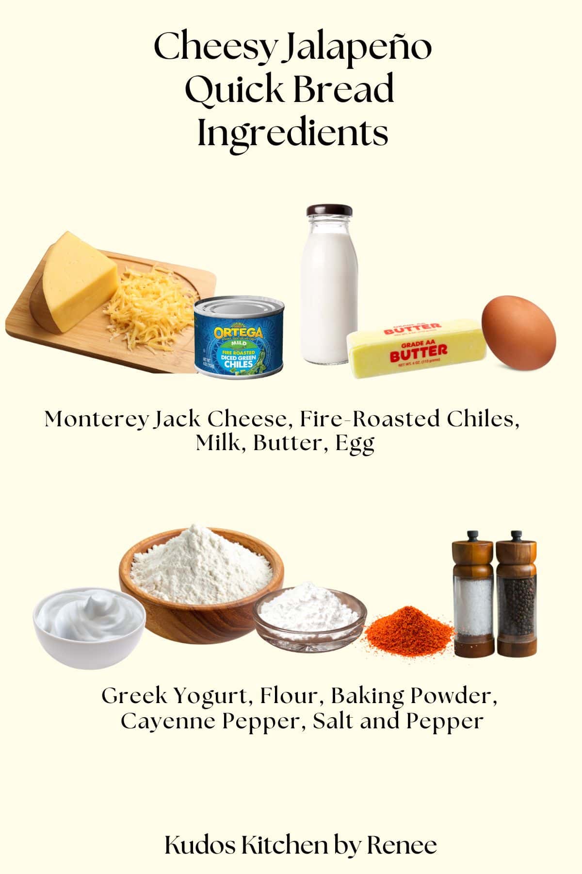 A visual ingredient list with images fof everything you need to make a cheesy jalapeño quick bread.