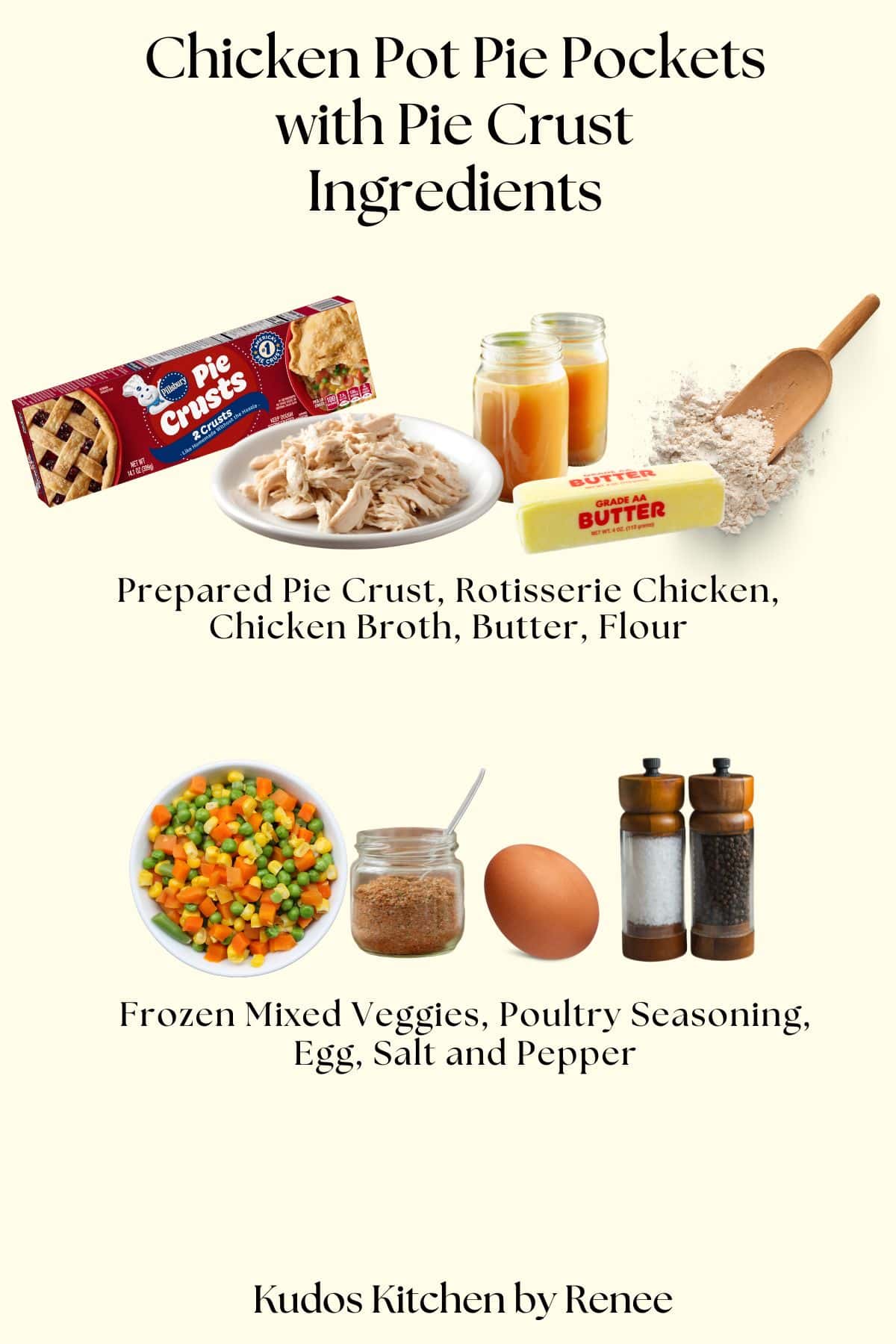 A visual ingredient list for making chicken pot pie hand pies with store bought pie crust.