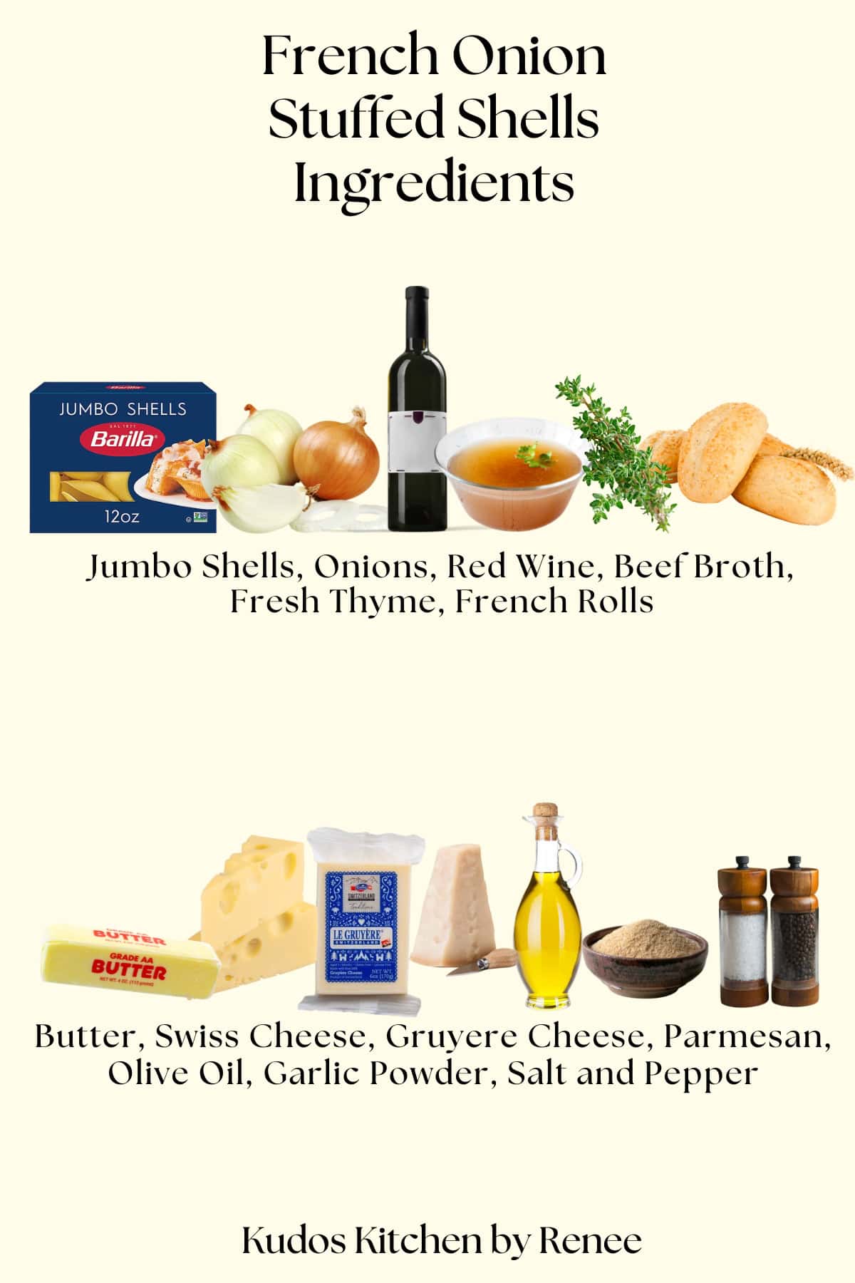 A visual ingredient list for all the products need to make French onion stuffed shells.