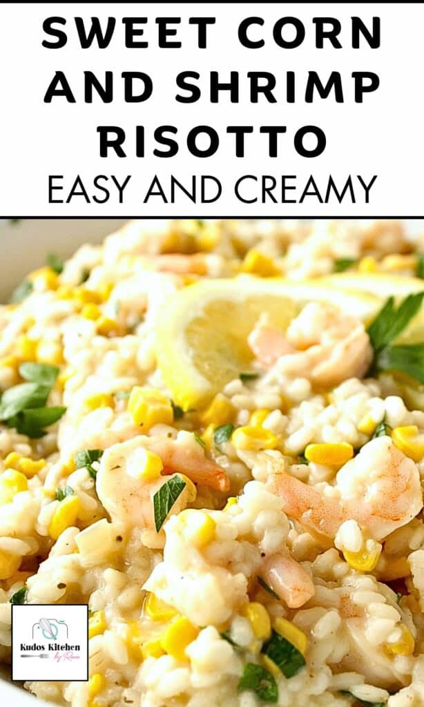A creamy looking corn and shrimp risotto with lemon slices and parsley as garnish.