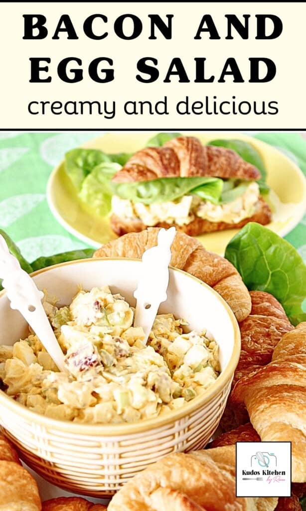 A bowl of bacon and egg salad in the foreground and a croissant sandwich with lettuce and egg salad in the background.