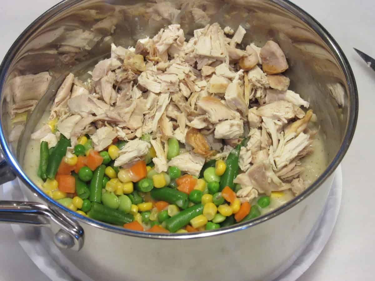 Chicken pieces, vegetables, and thickened sauce in a saucepan.